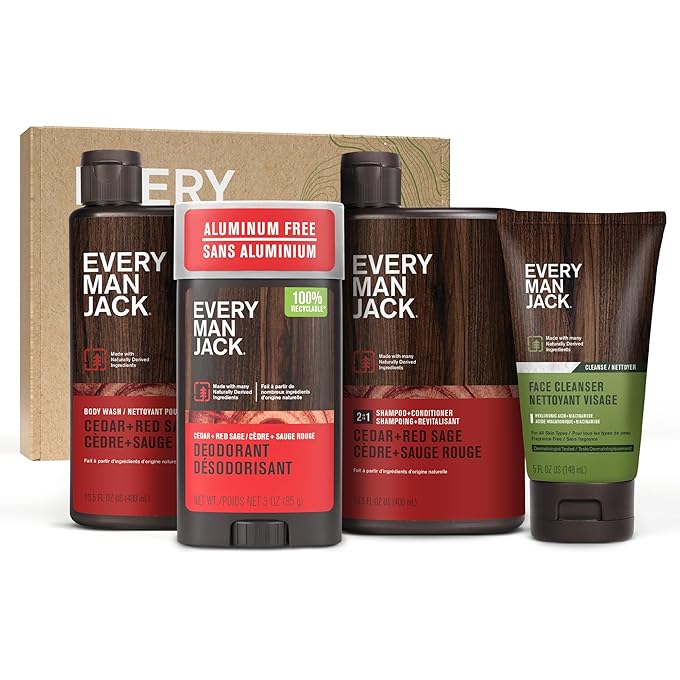 Every Man Jack Menâ€™s Cedar + Red Sage Bath and Body Gift Set - Clean Ingredients & A Cedar, Sage, and Spice scent - Round Out His Routine with Menâ€™s Body Wash, 2-in-1 Shampoo, Deodorant & Face Wash - Image 1